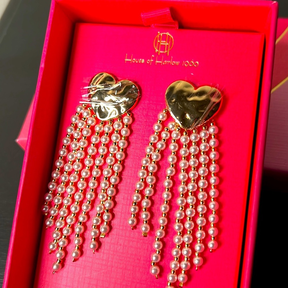 House of Harlow Heart Pearl Bead Drop Earrings, Gold/ Pearl NWT - Picture 2 of 3
